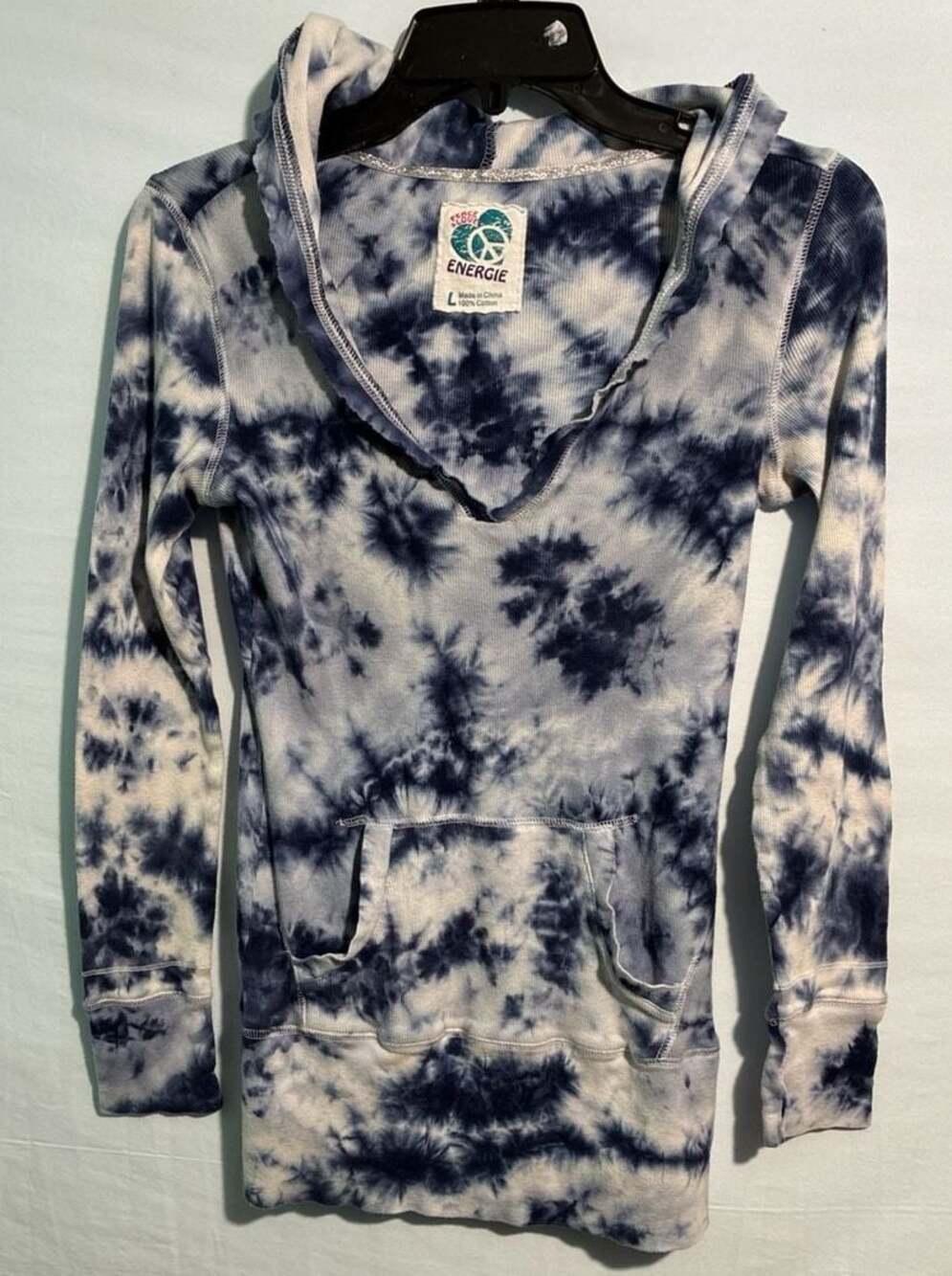 Energie Peace & Love Blue Tie Dye Thermal Knit Hoodie Pullover